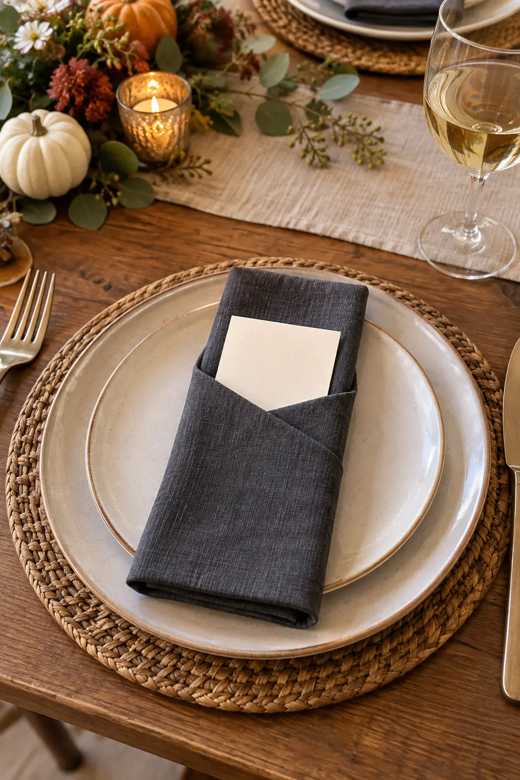 A narrow charcoal linen sleeve fold holding a small blank cream menu card