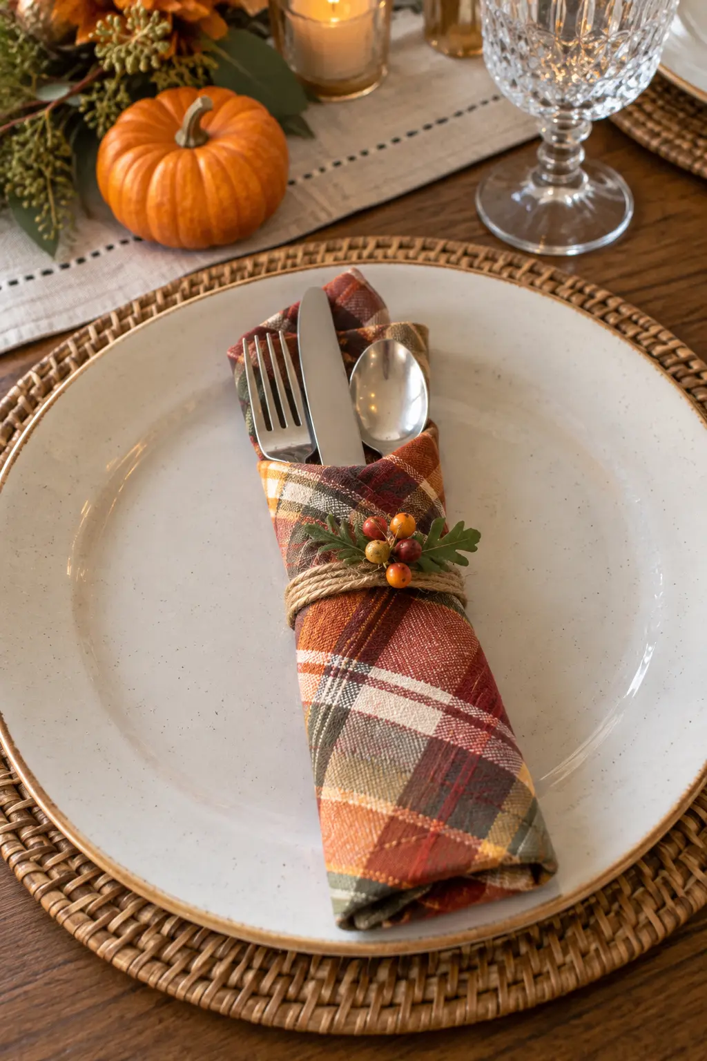 A tightly rolled plaid napkin securing fork knife and spoon for a Thanksgiving buffet