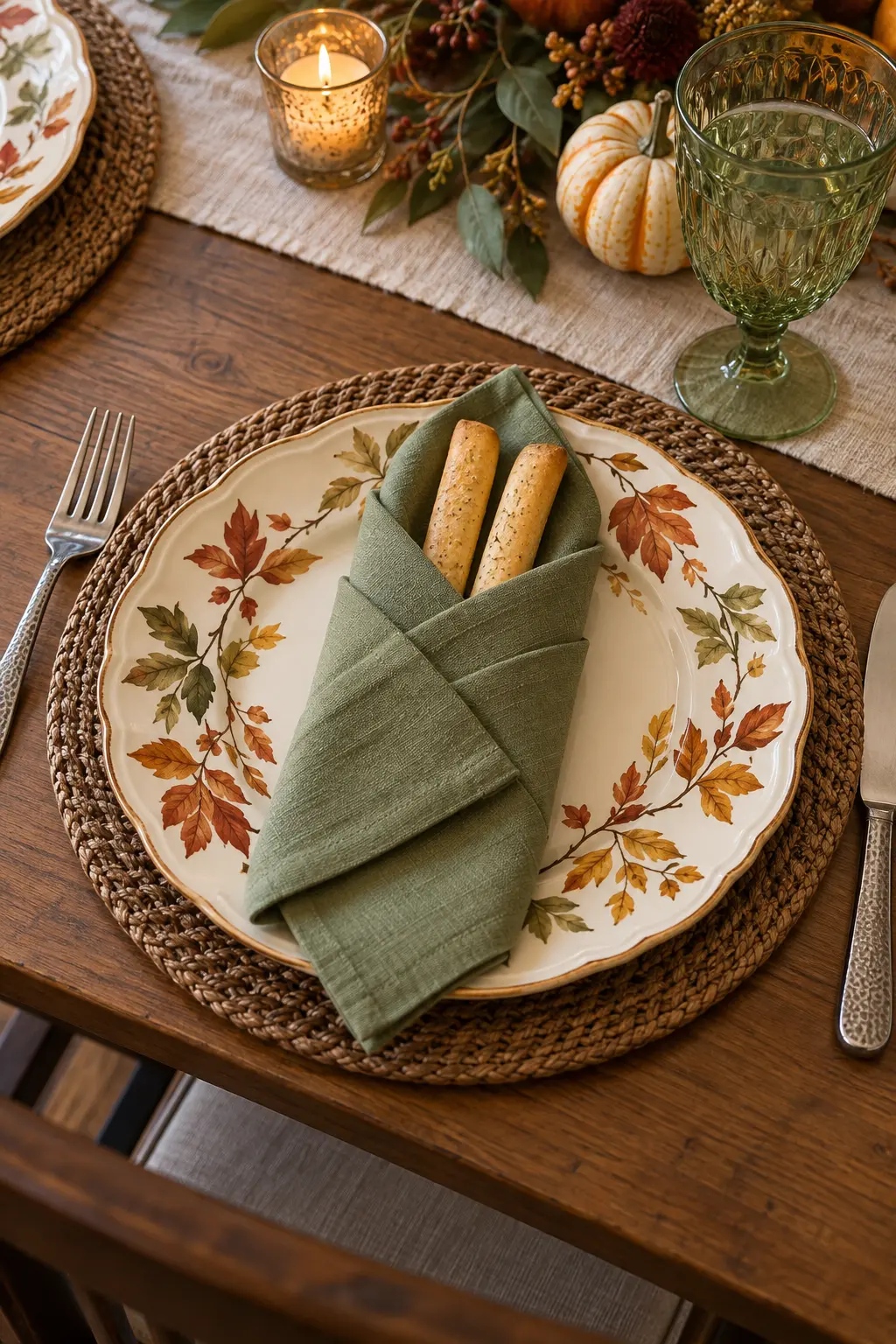 A soft green napkin pocket holding two plain breadsticks on an autumn plate