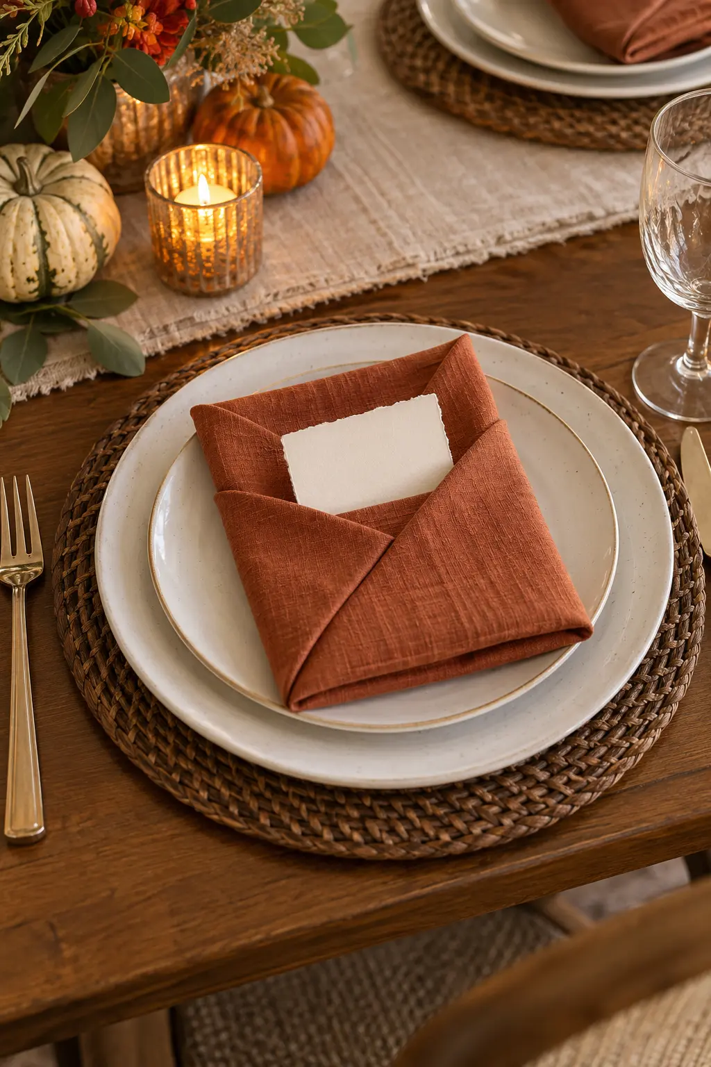 A square pocket-folded linen napkin holding a blank deckle-edge place card