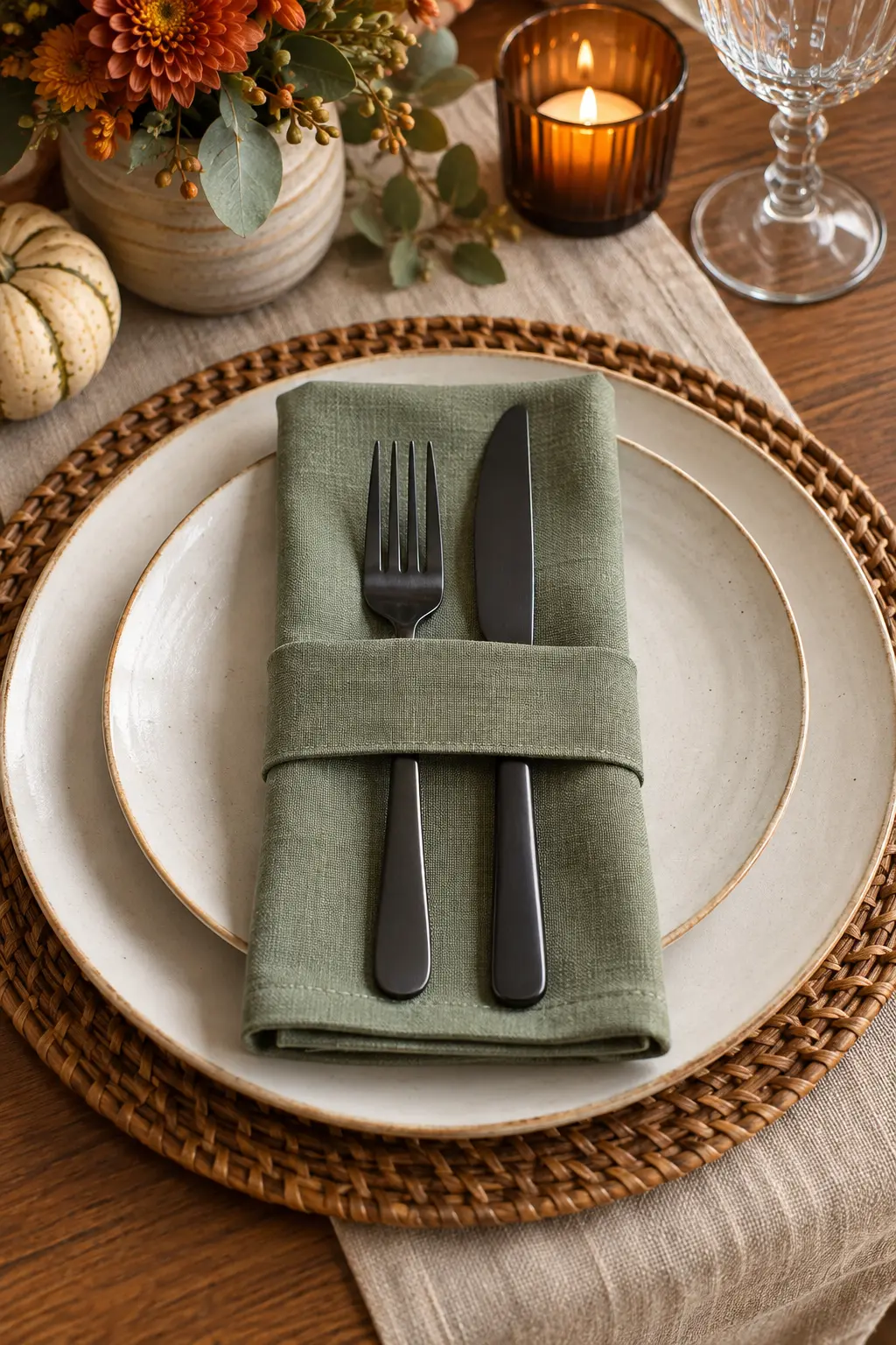 A flat sage napkin with a horizontal folded band holding dark flatware