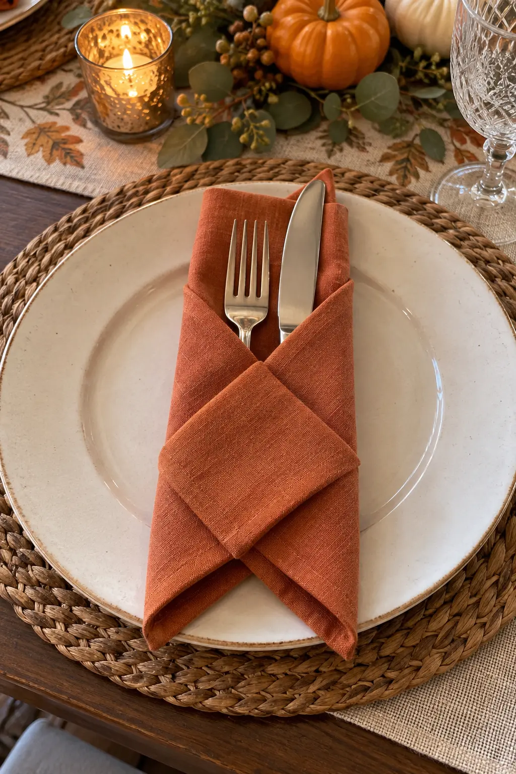 A double-point folded pumpkin-colored napkin holding two pieces of flatware
