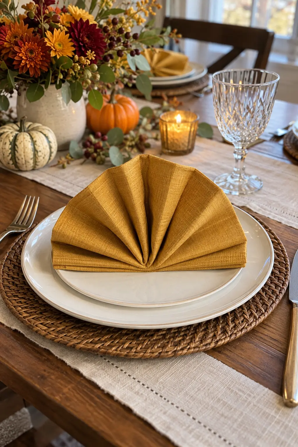 A freestanding accordion fan made from a golden linen napkin