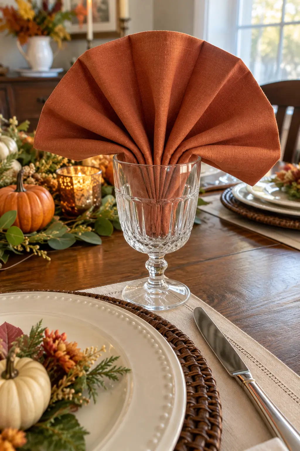 A copper napkin fan opening from a clear water goblet at Thanksgiving
