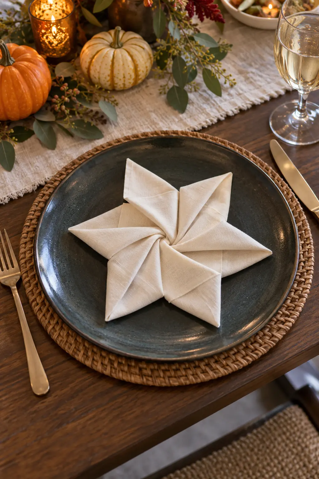 A geometric pinwheel-folded cream napkin centered on a dark plate