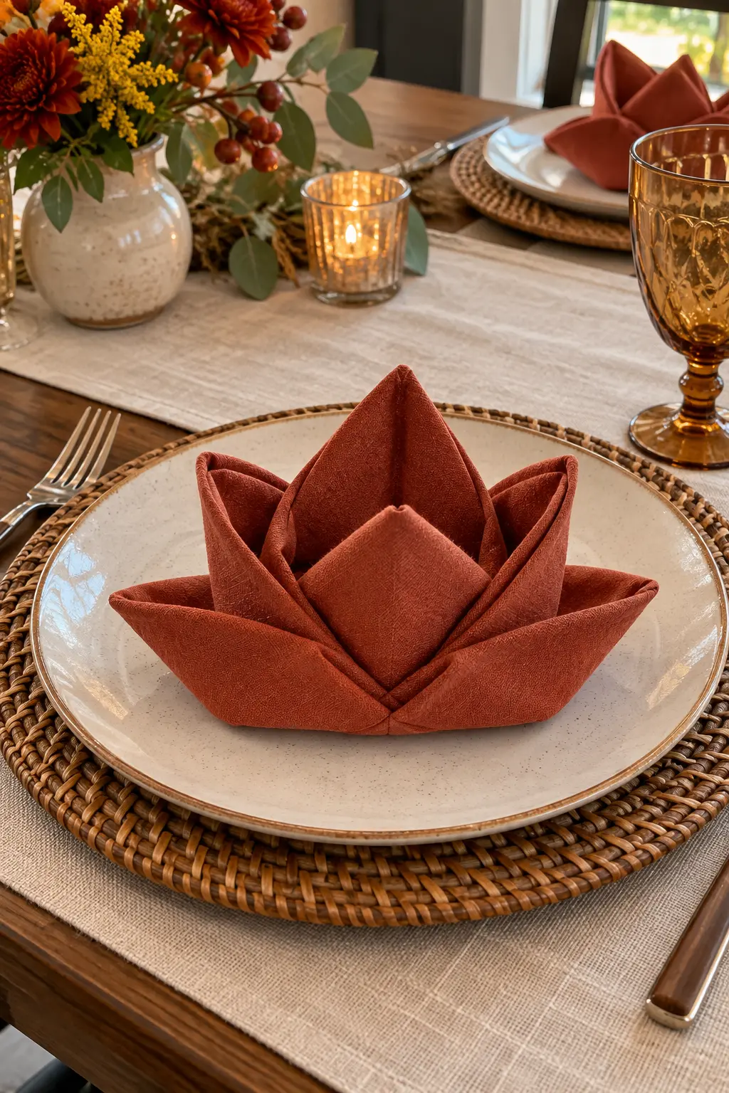 A low lotus blossom napkin fold in muted rust on a Thanksgiving charger