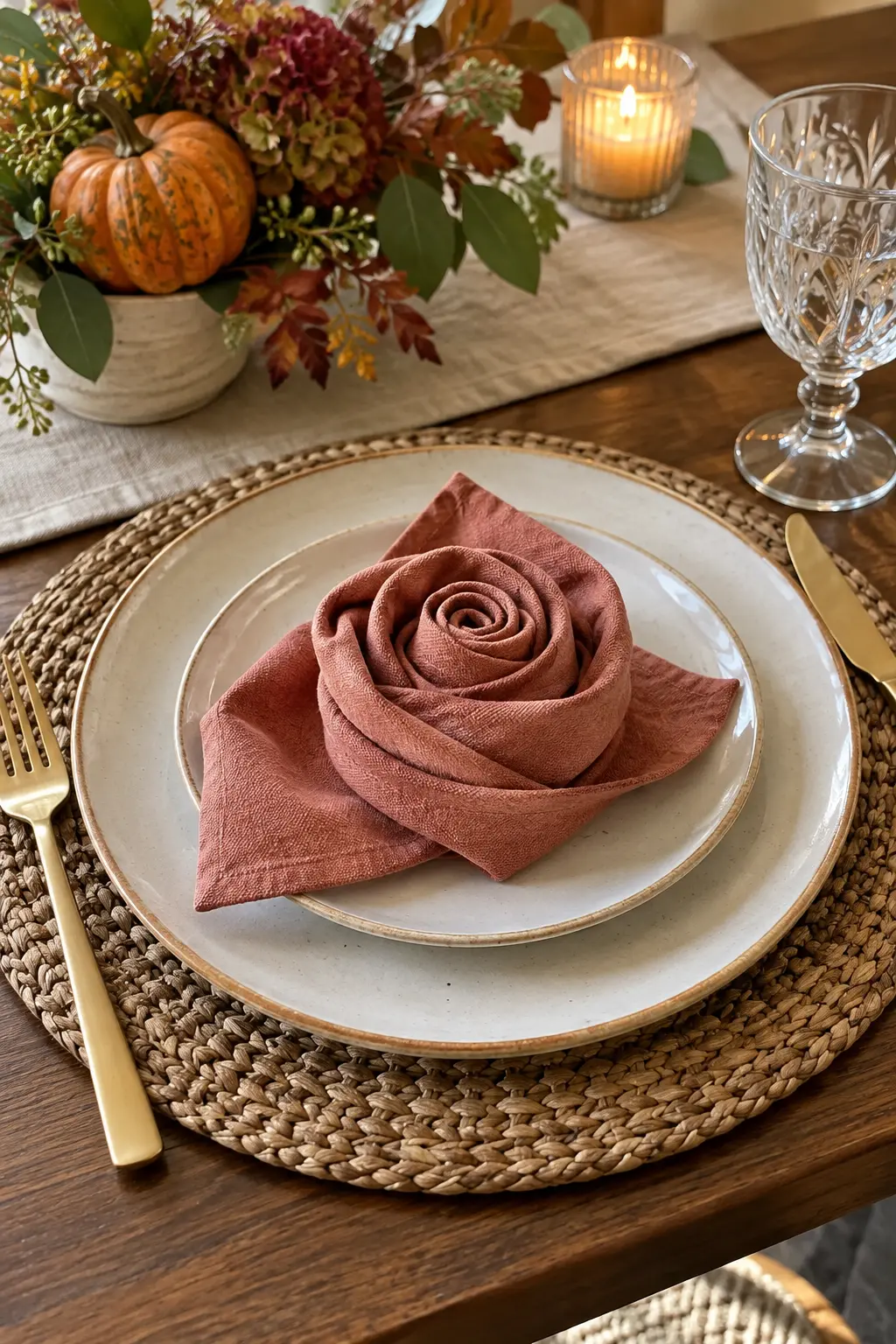 A blush terracotta linen napkin twisted into a rose shape on a plate