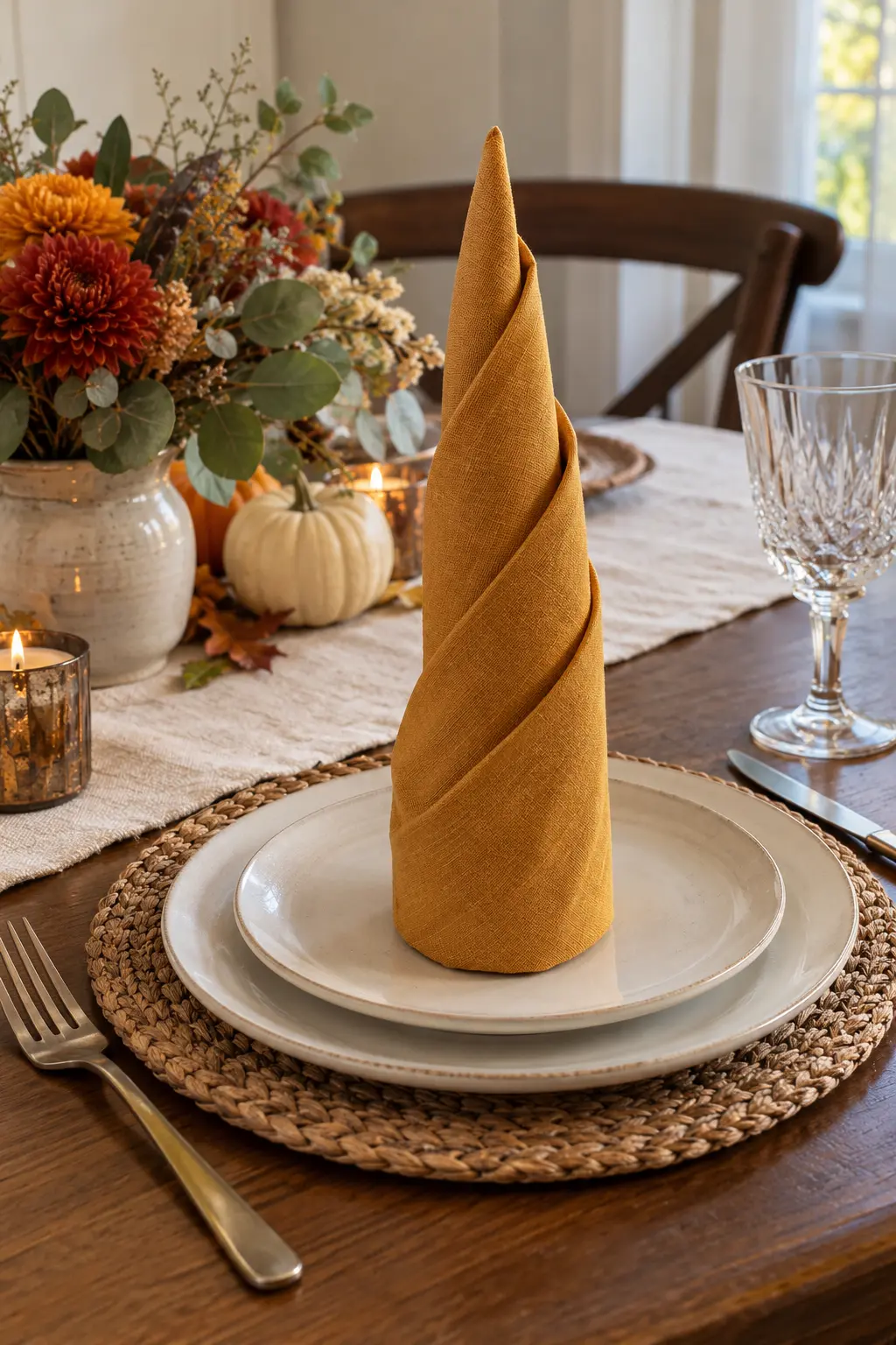 A tall tapered candle napkin fold in deep ochre beside a plate