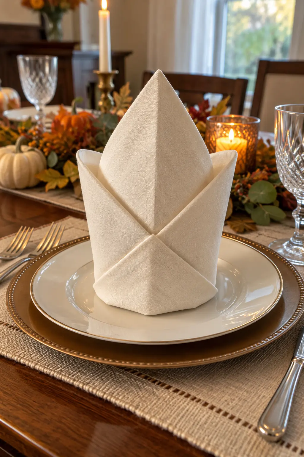 A structured bishop's-hat napkin fold in ivory linen on a formal table