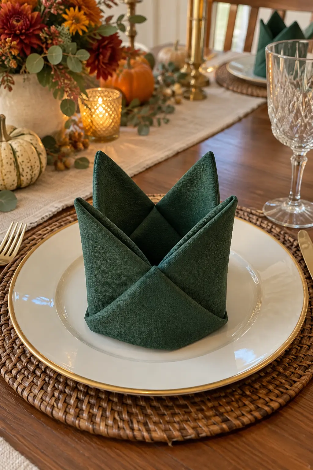 A four-point crown napkin fold in forest green on a gold-rimmed plate