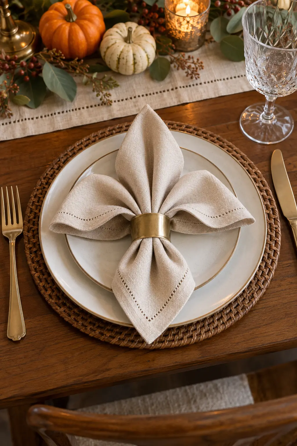 A fleur-de-lis napkin fold gathered through a brass ring