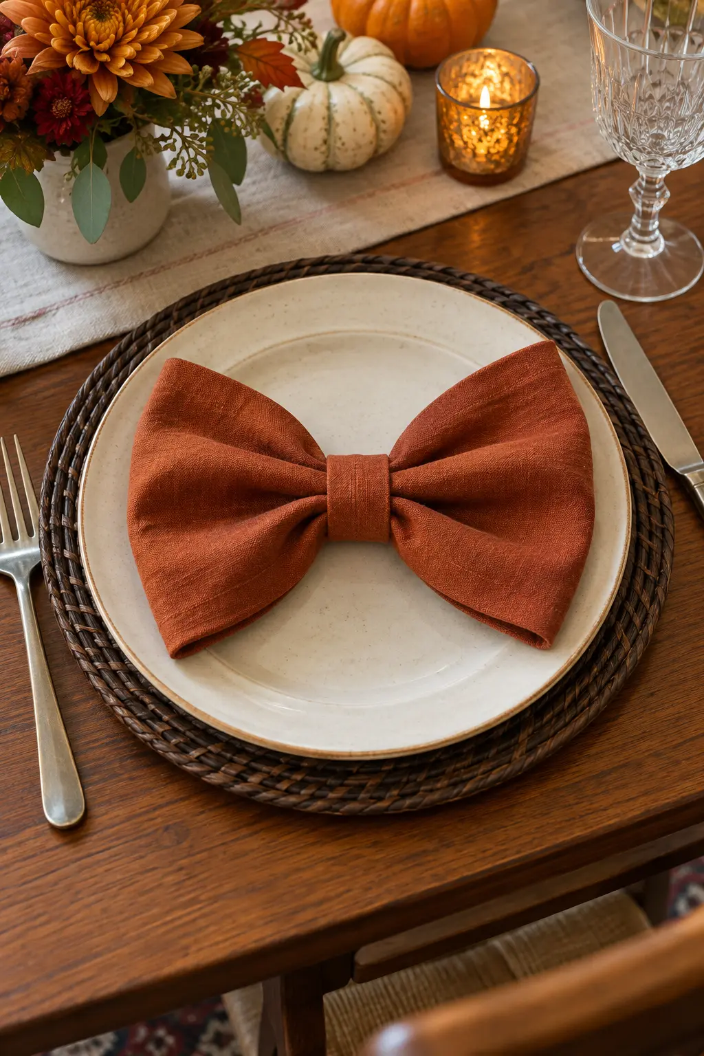 A rust linen napkin folded into a bow tie with a narrow center band