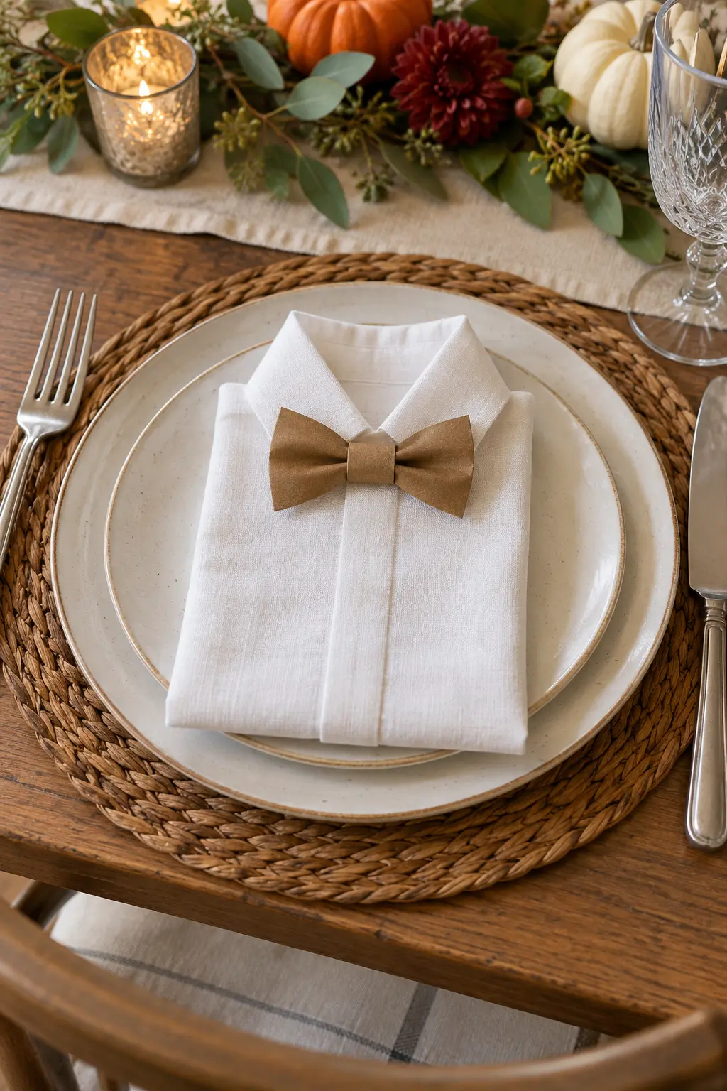 A white linen napkin folded like a small dress shirt with a brown paper bow