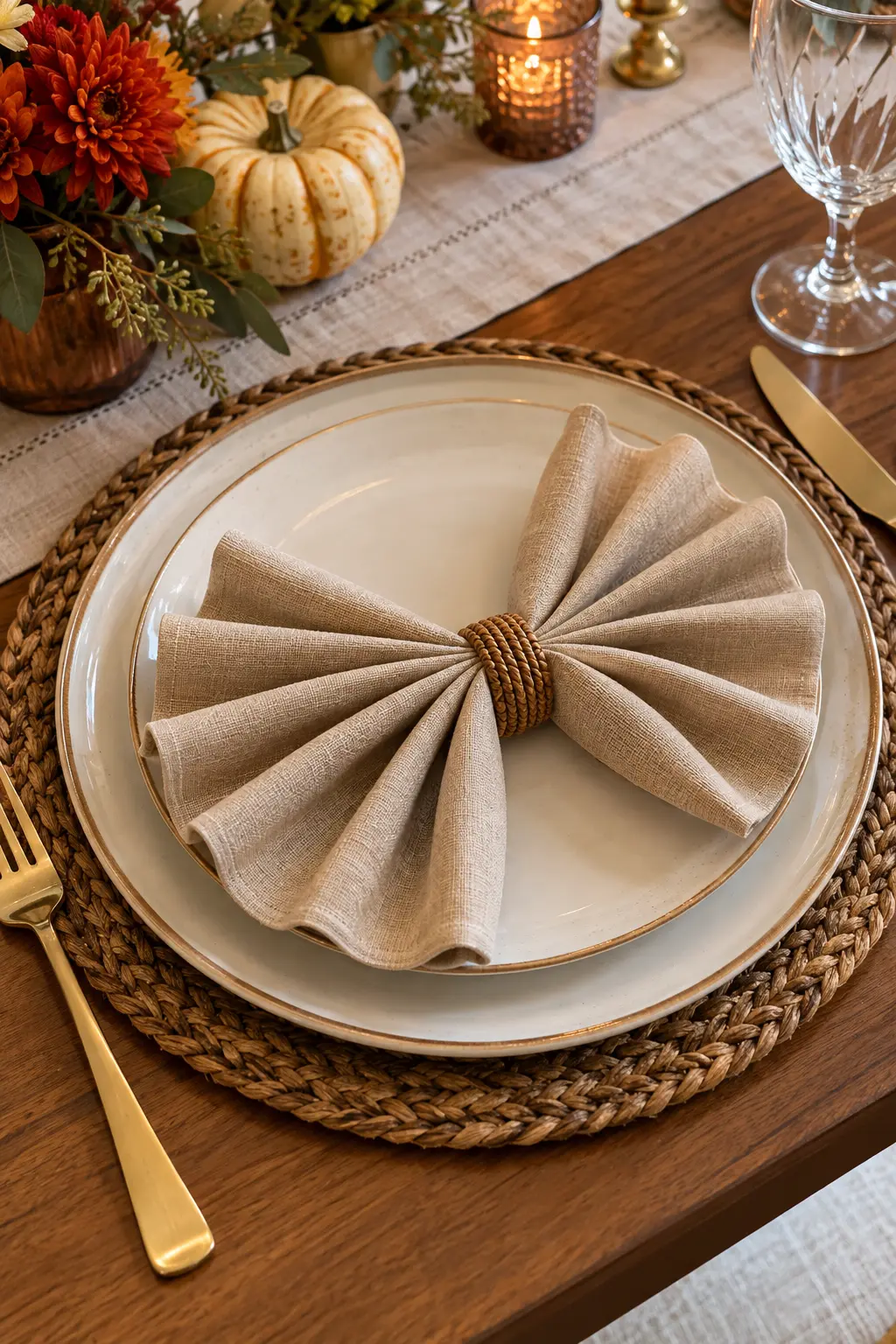 A double-ended accordion fan napkin in warm beige on a Thanksgiving plate