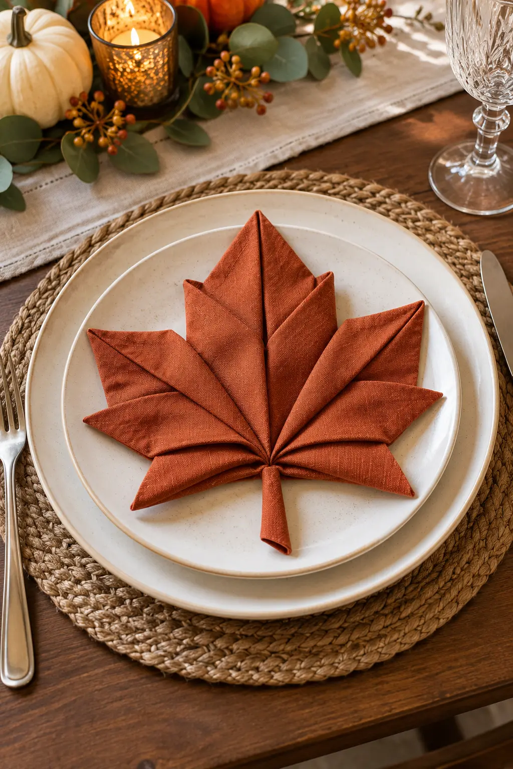 A rust-colored cloth napkin folded into a maple leaf shape