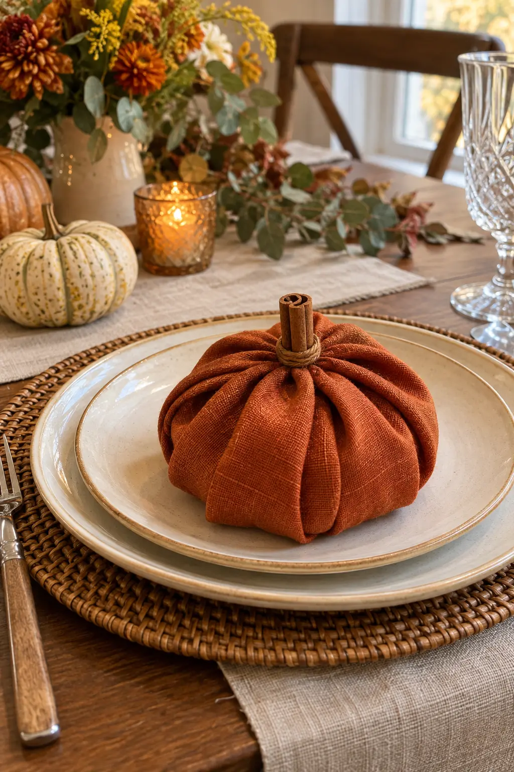 A round pumpkin-shaped burnt-orange linen napkin with a cinnamon-stick stem