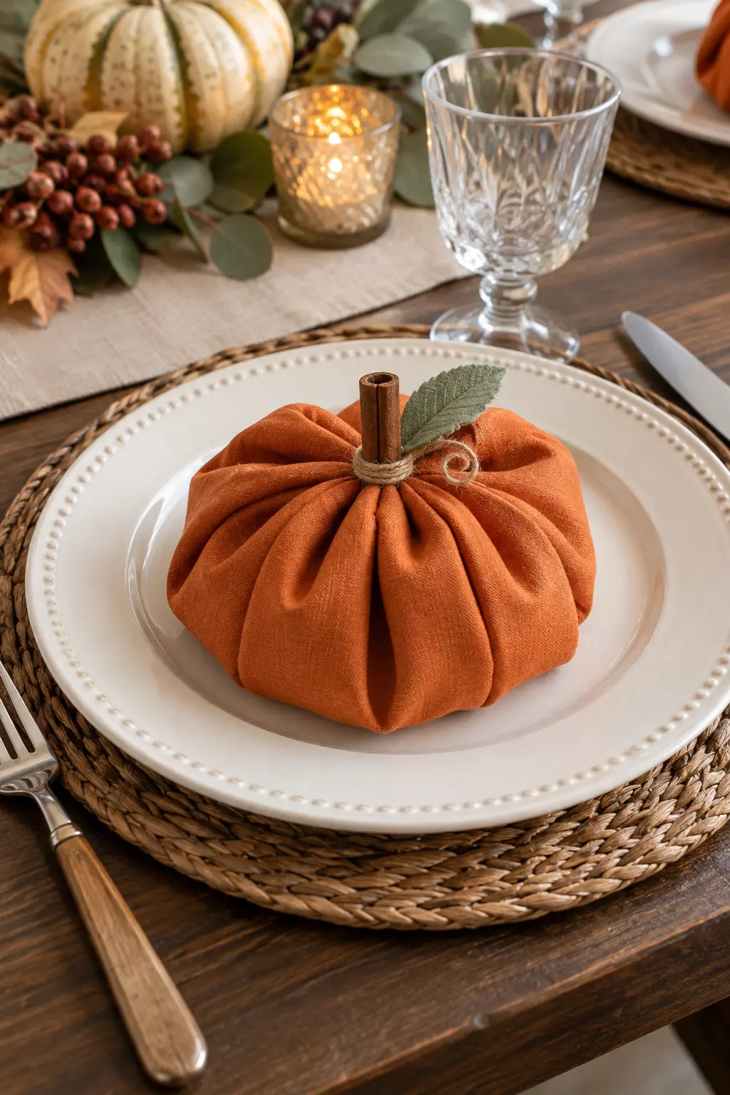 A flat orange accordion-folded napkin shaped like a pumpkin