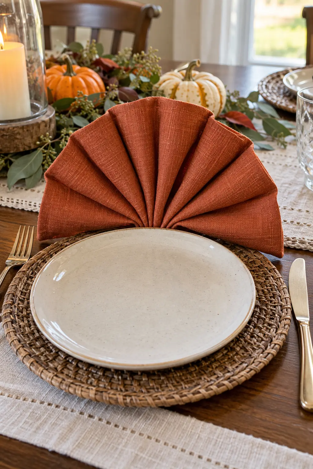 A Thanksgiving turkey-tail fan napkin behind a small neutral plate
