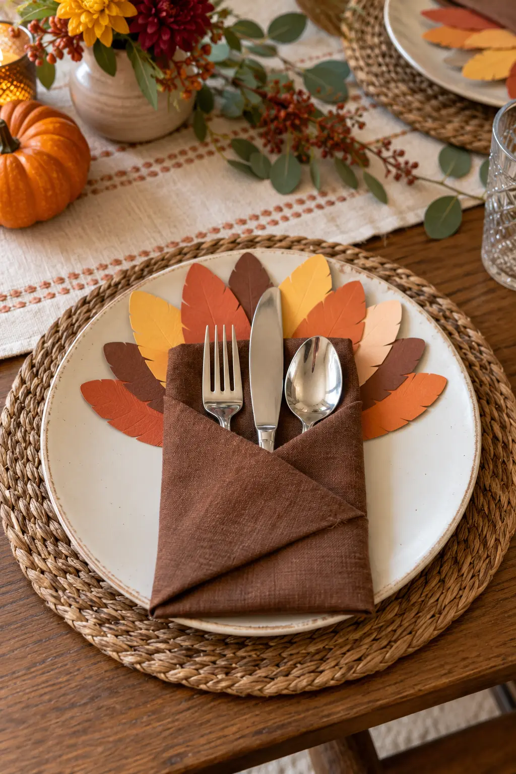 A brown napkin pocket with fanned paper feathers and flatware at a kids Thanksgiving setting