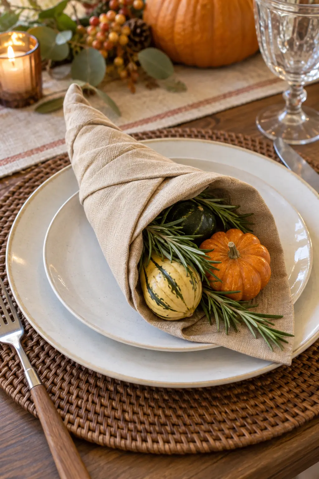 A cone-shaped tan napkin cornucopia holding rosemary and small decorative gourds