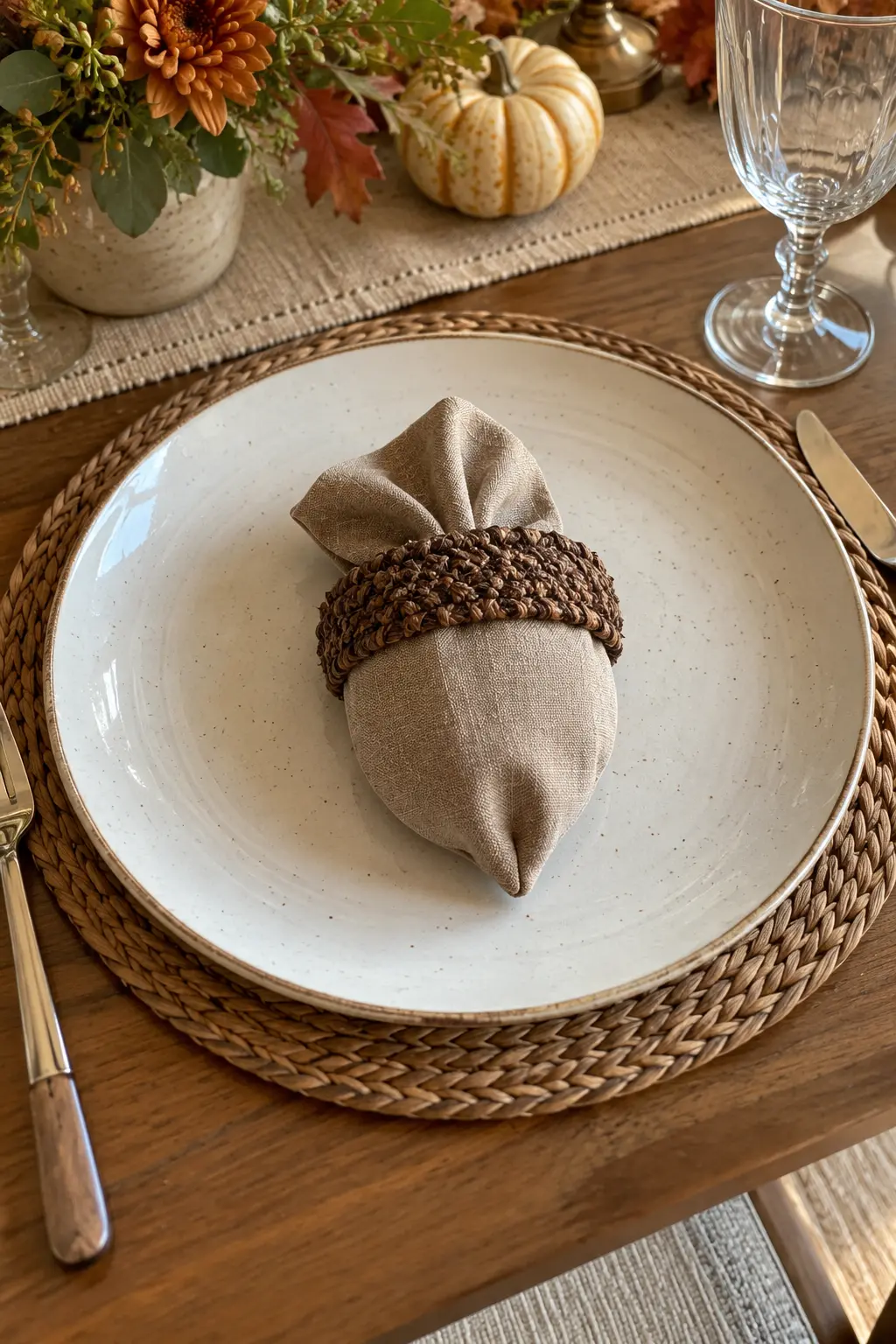 A small taupe napkin pouch shaped like an acorn with a textured brown ring