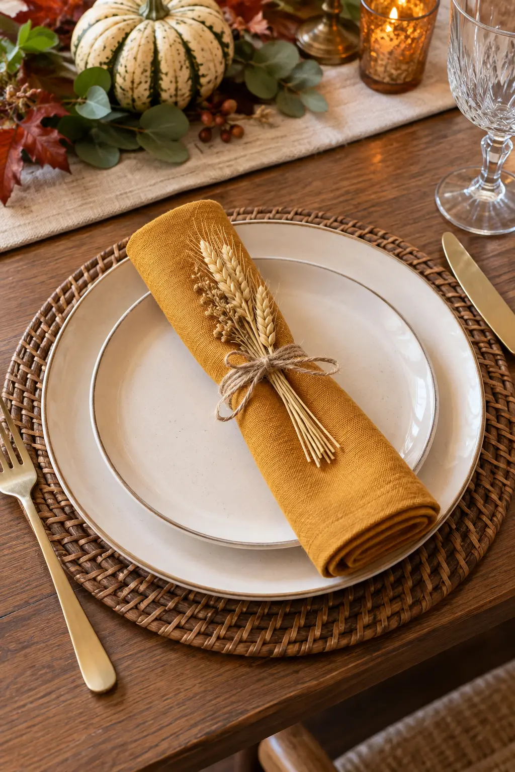 A golden rolled napkin bundled with a small dried wheat sheaf