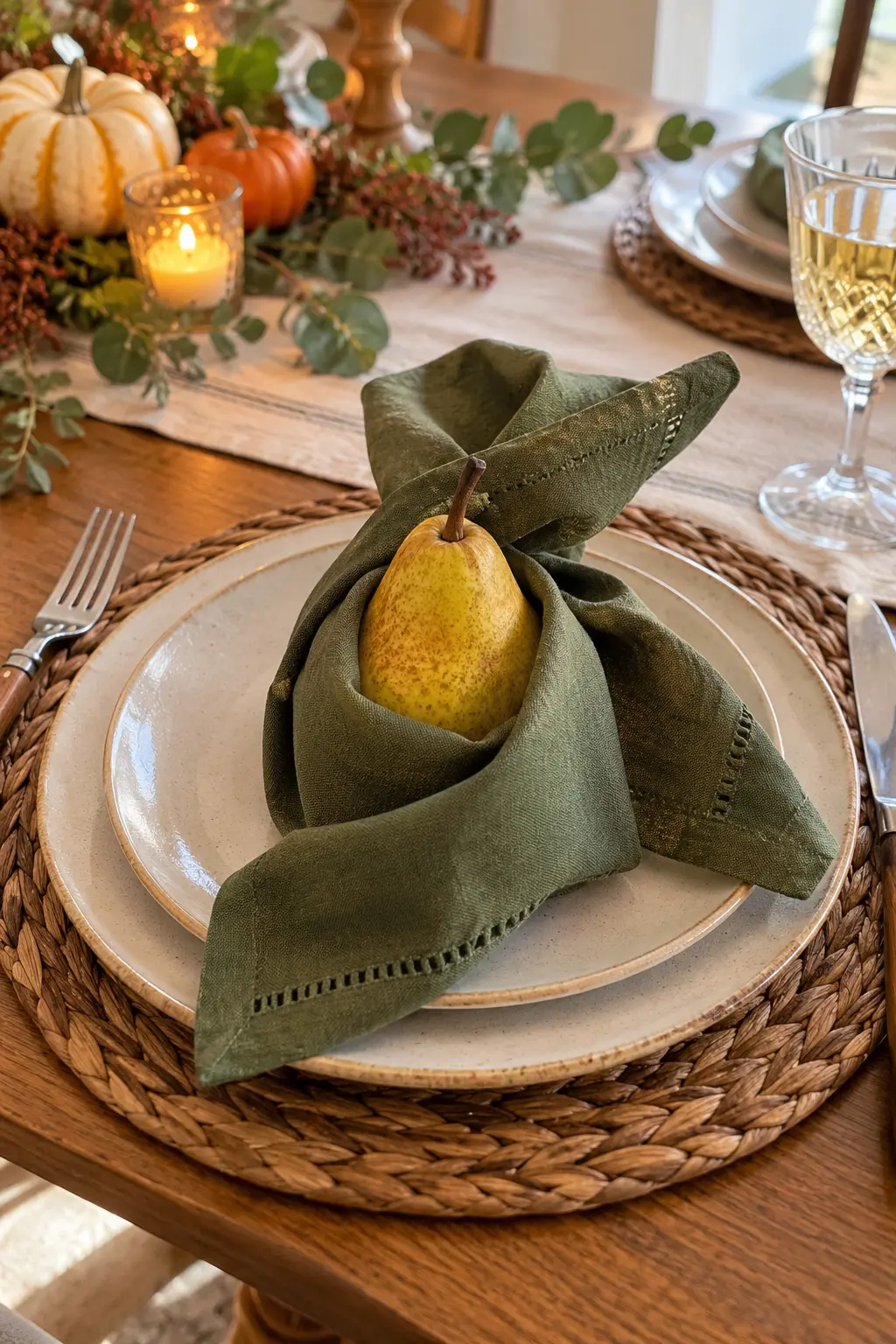 A green cloth napkin wrapped loosely around a fresh pear at Thanksgiving
