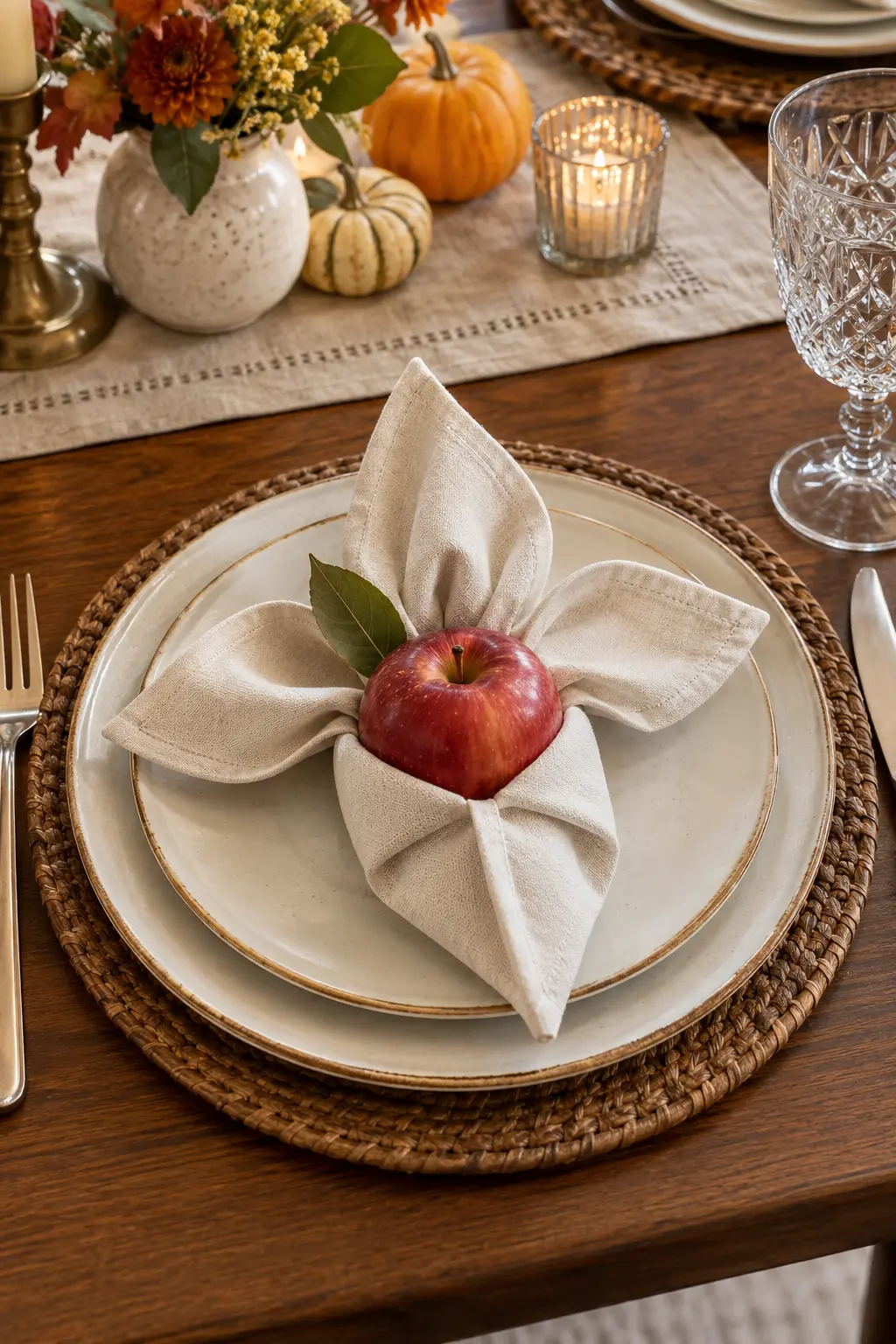 A cream napkin wrapped under a red apple with leaf-like corners