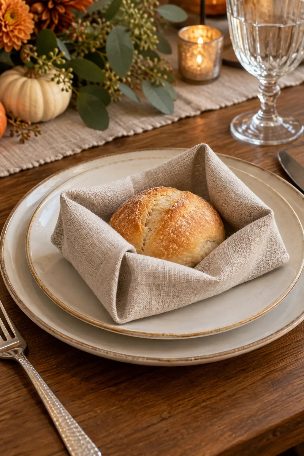 A square linen napkin folded into a low cradle holding a small dinner roll