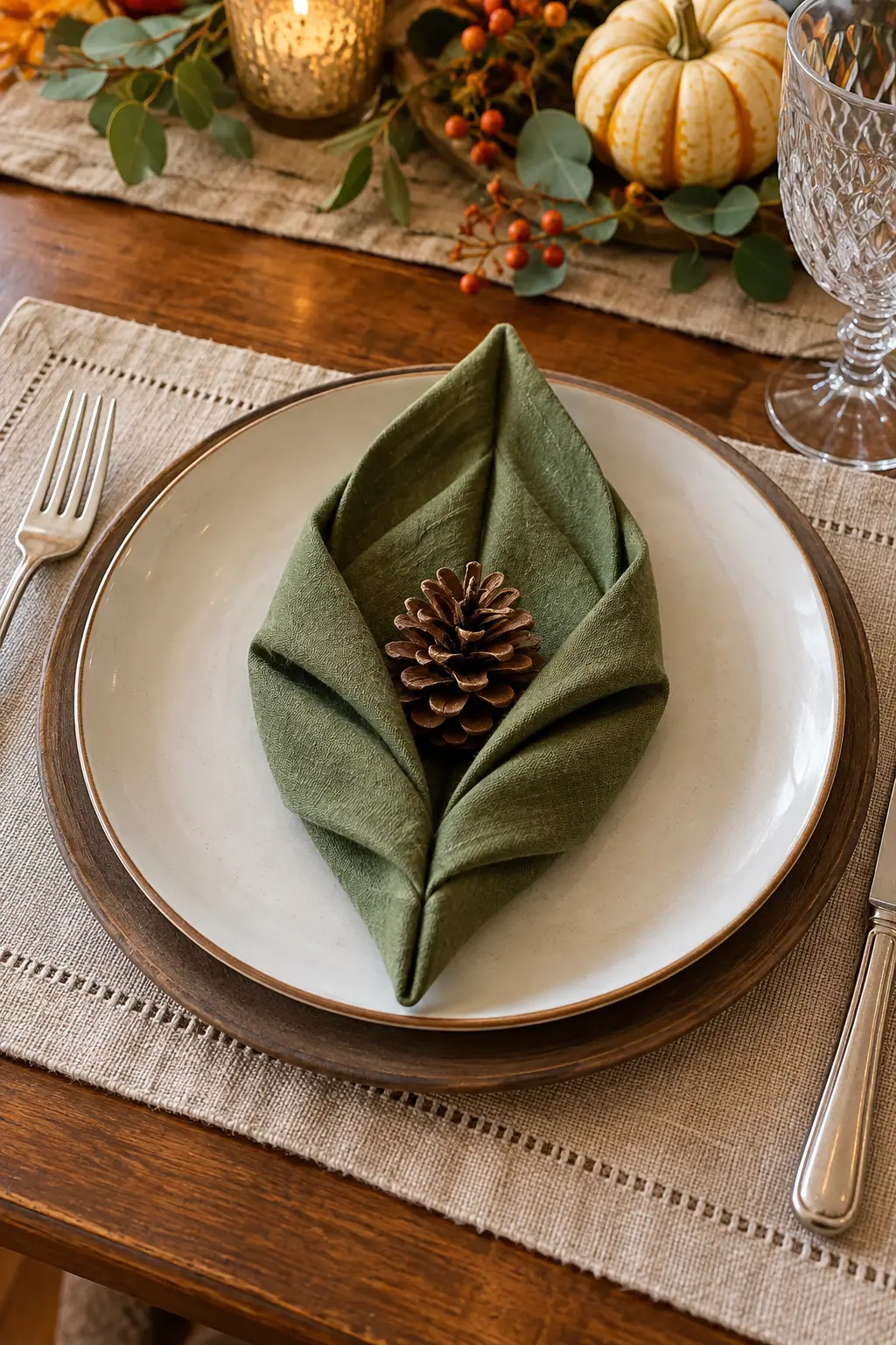 An olive leaf-shaped napkin fold framing one clean pinecone on a plate