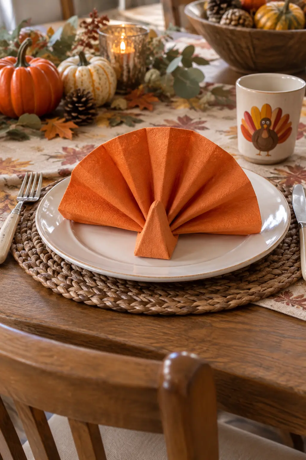 A sturdy orange paper napkin folded into a turkey-tail fan at a kids table