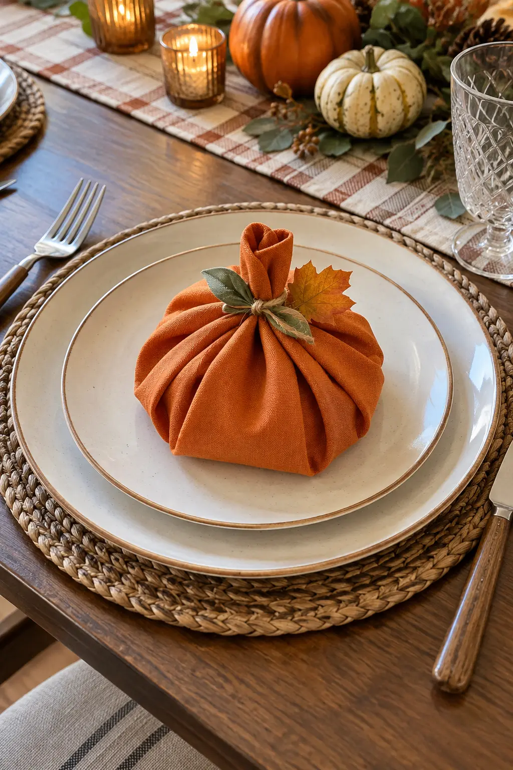 An orange paper dinner napkin folded into a rounded pumpkin pocket