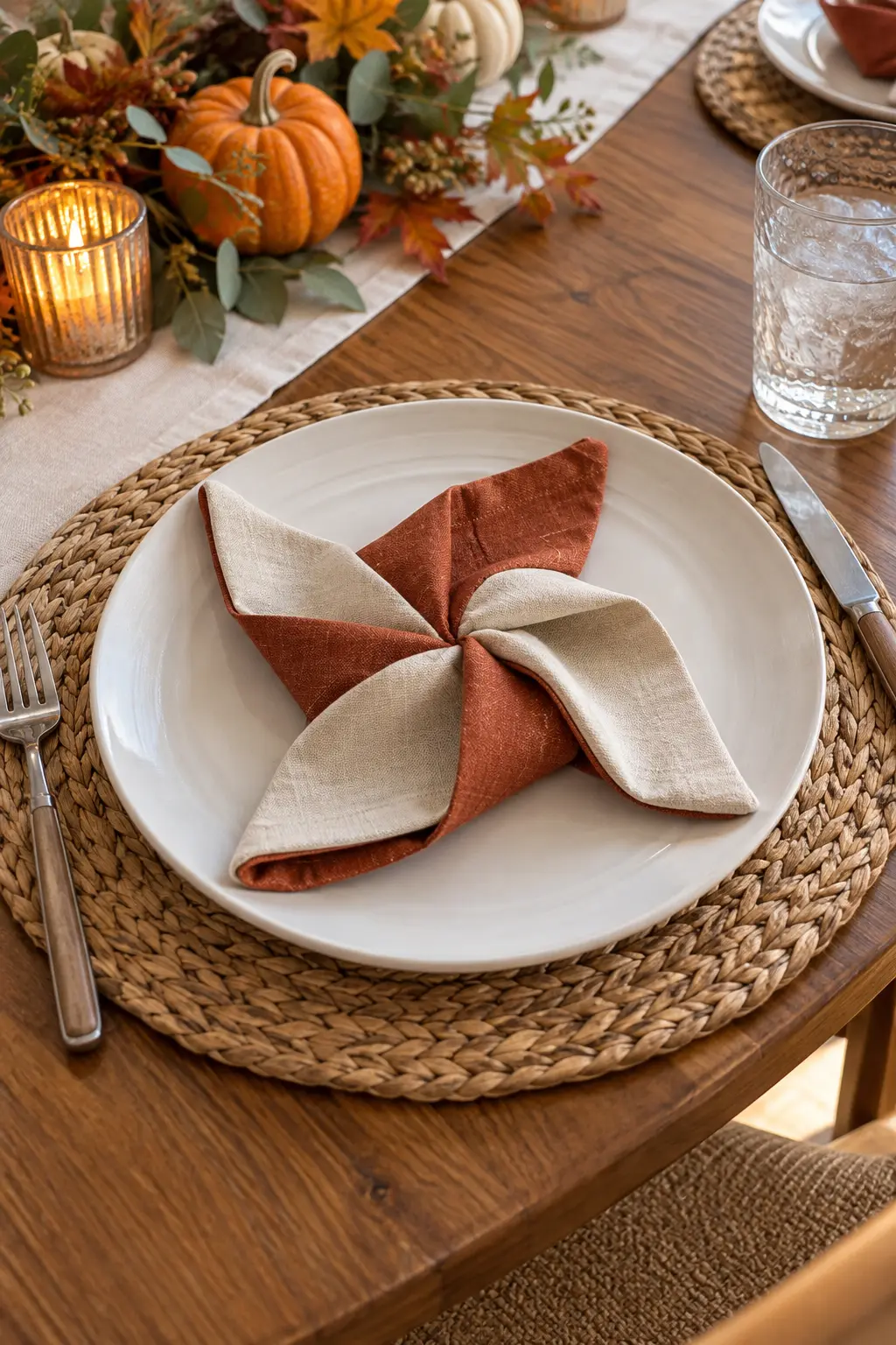 A rust and cream paper napkin folded into a pinwheel on an unbreakable plate