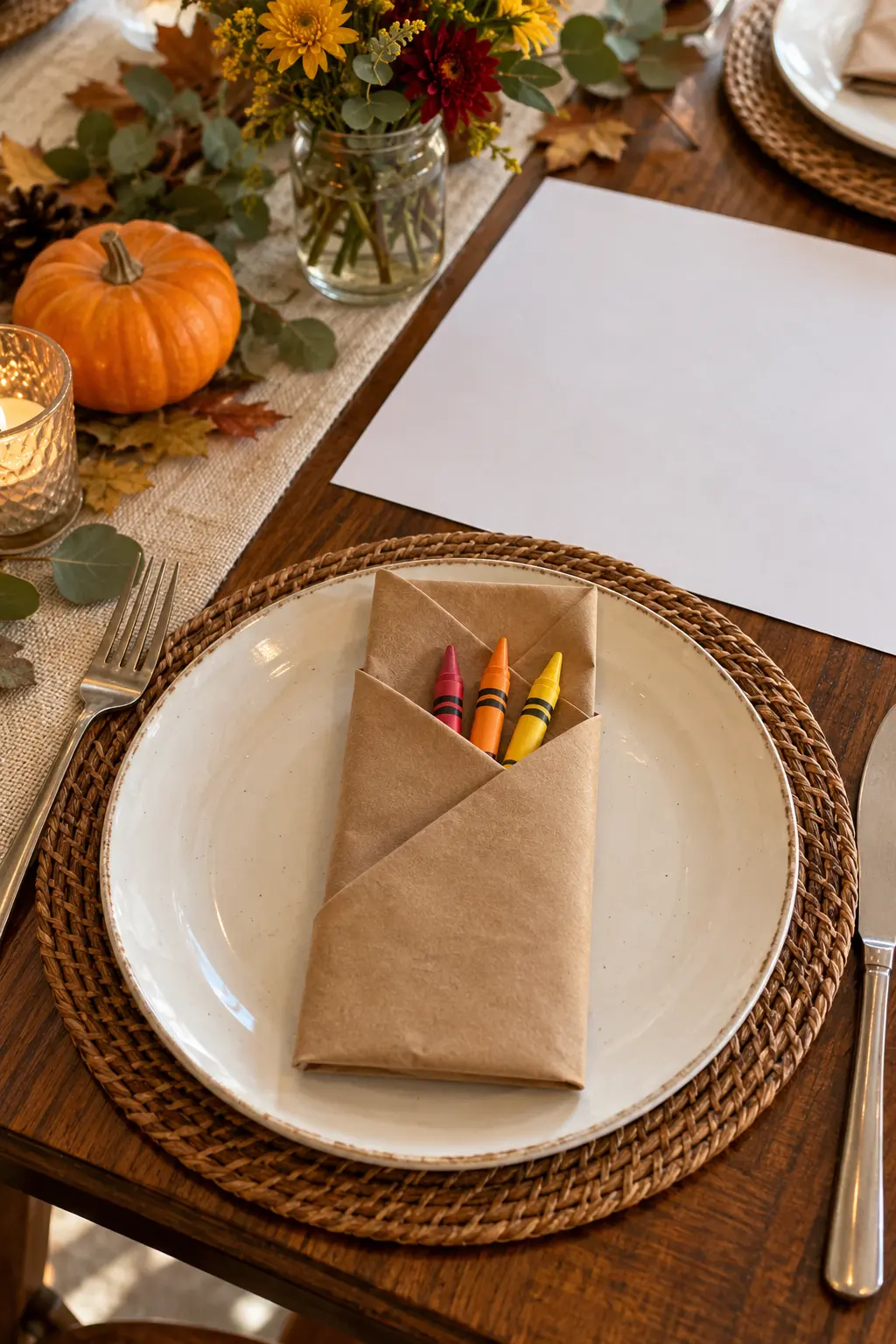 A folded kraft-colored paper napkin pocket holding three chunky crayons beside a blank placemat