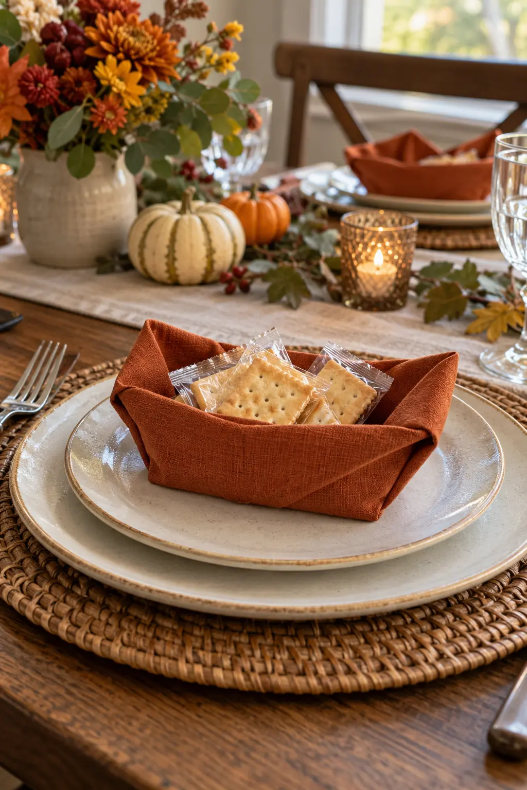 A sturdy paper napkin folded as a shallow boat holding wrapped crackers