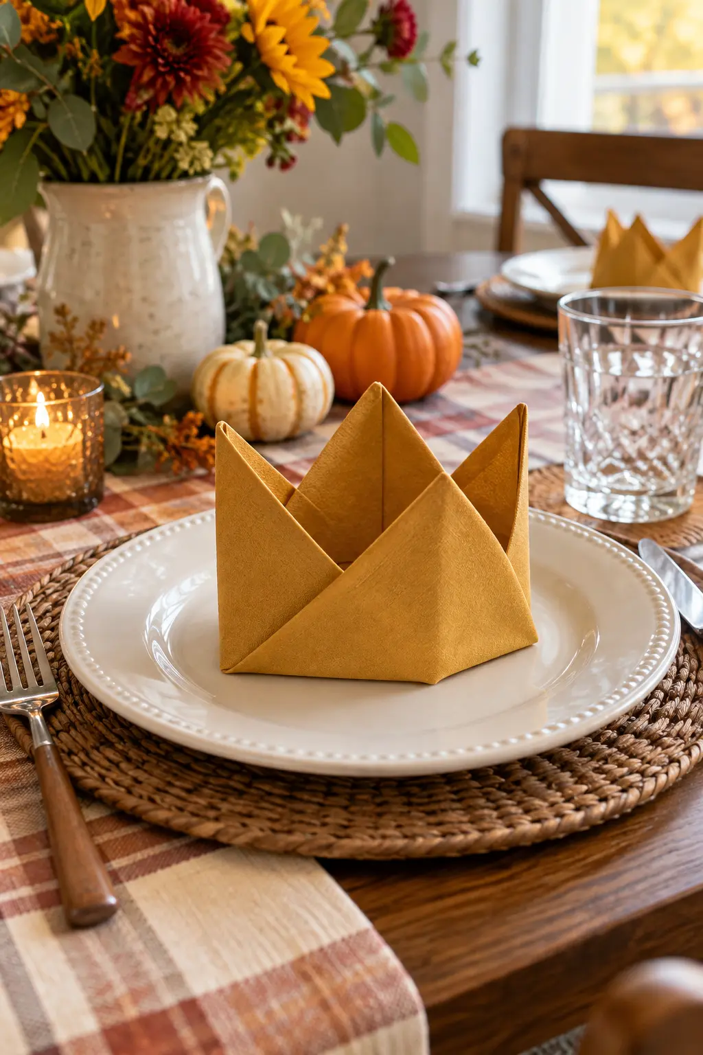 A freestanding golden paper napkin crown at a child-friendly Thanksgiving setting