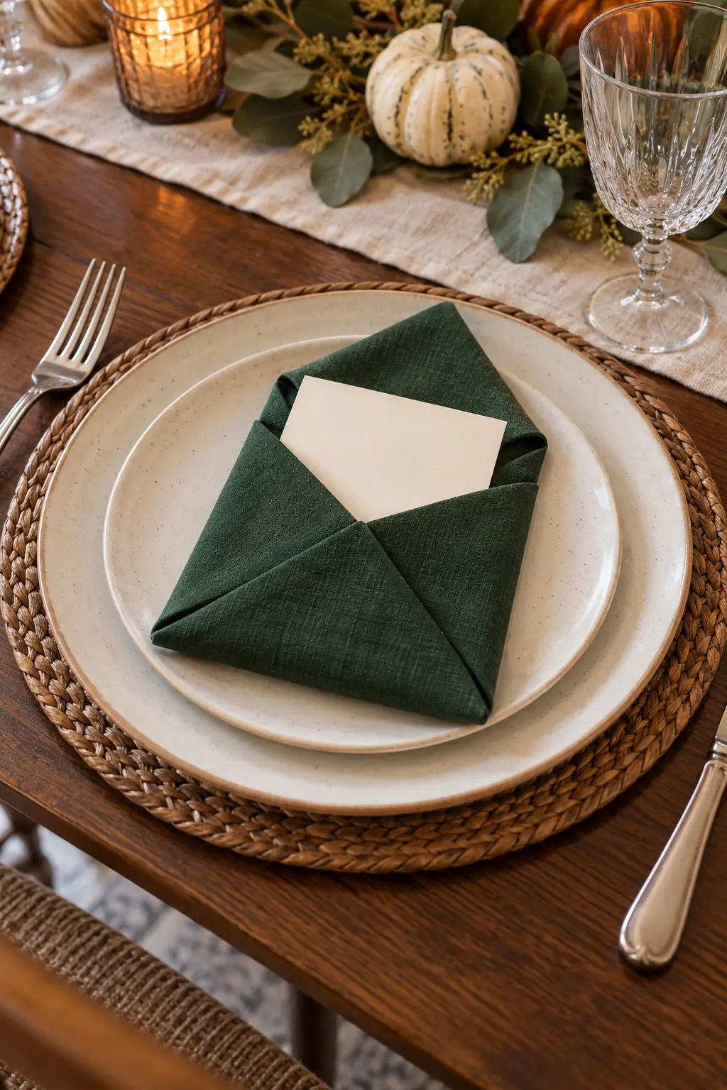 A folded forest-green napkin envelope holding a blank cream note card