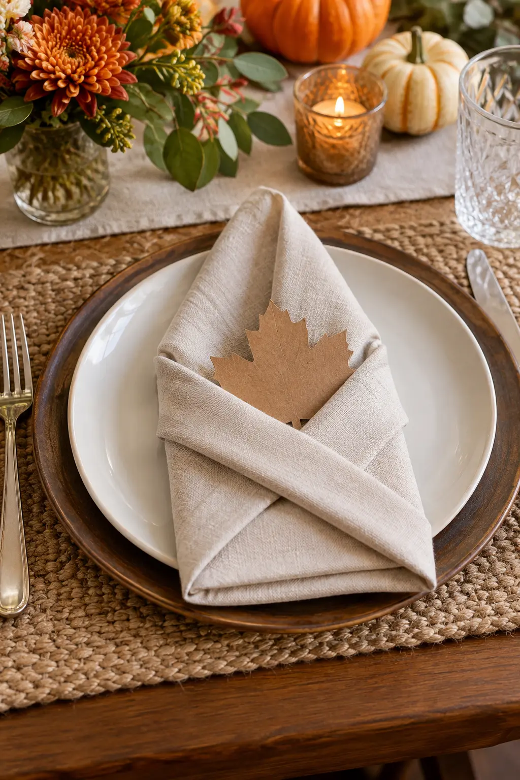 A folded oatmeal napkin holding a blank kraft-paper leaf place card