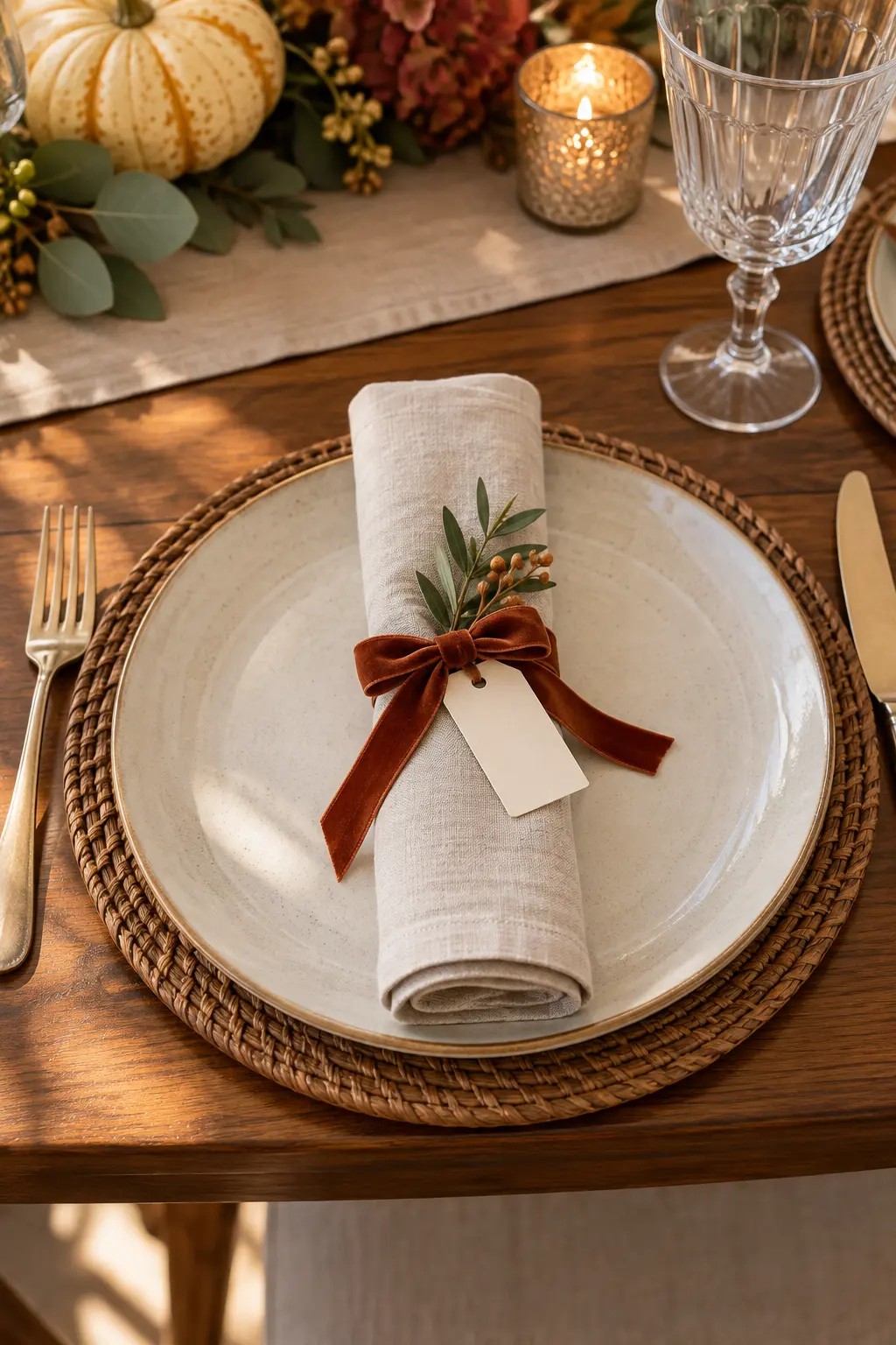 A slim rolled linen napkin tied with ribbon and a blank rectangular tag