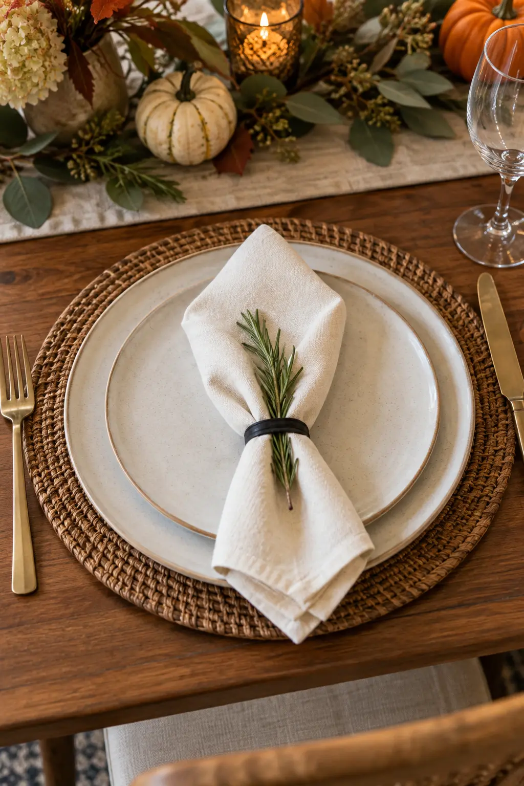 A modern ivory napkin wrapped with a slim black band and rosemary sprig