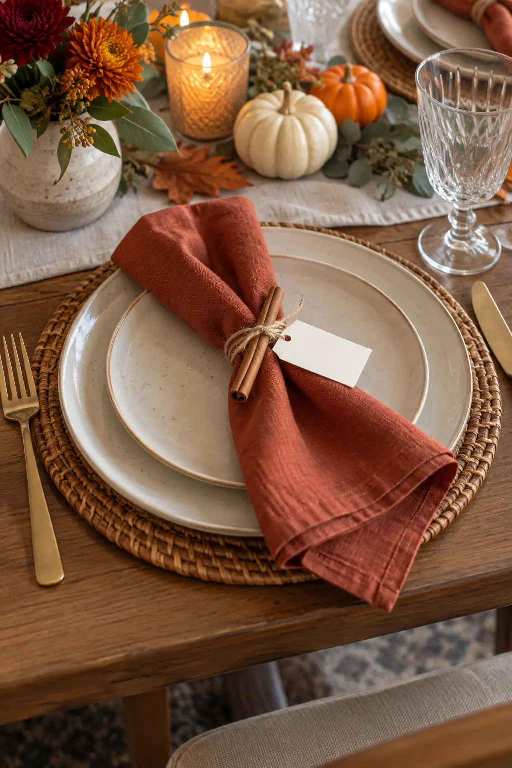 A rust napkin roll tied with a cinnamon stick and blank mini place card