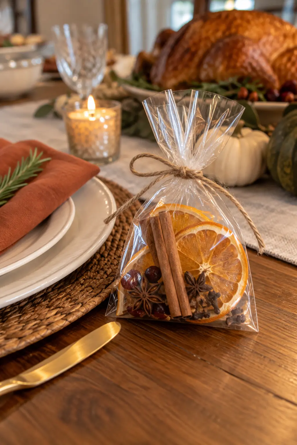 Small clear sachets filled with dried orange slices, cinnamon sticks, and whole spices, arranged beside a Thanksgiving place setting