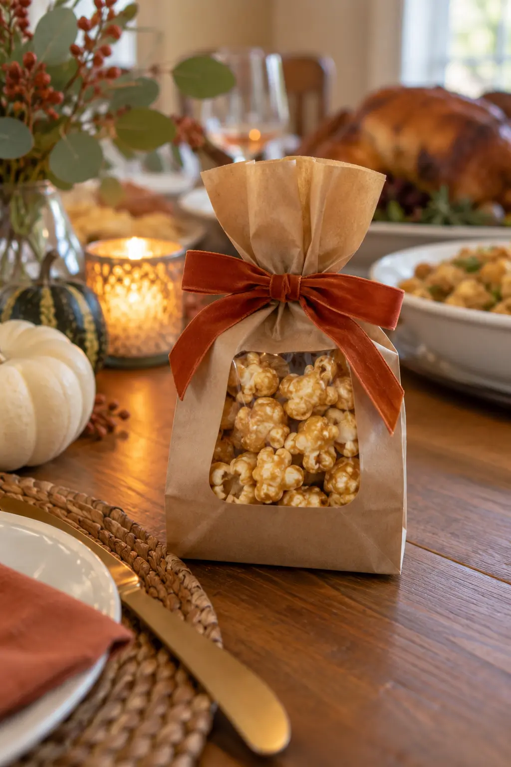 Individual kraft bags of maple popcorn tied with rust-colored ribbon on a fall party table