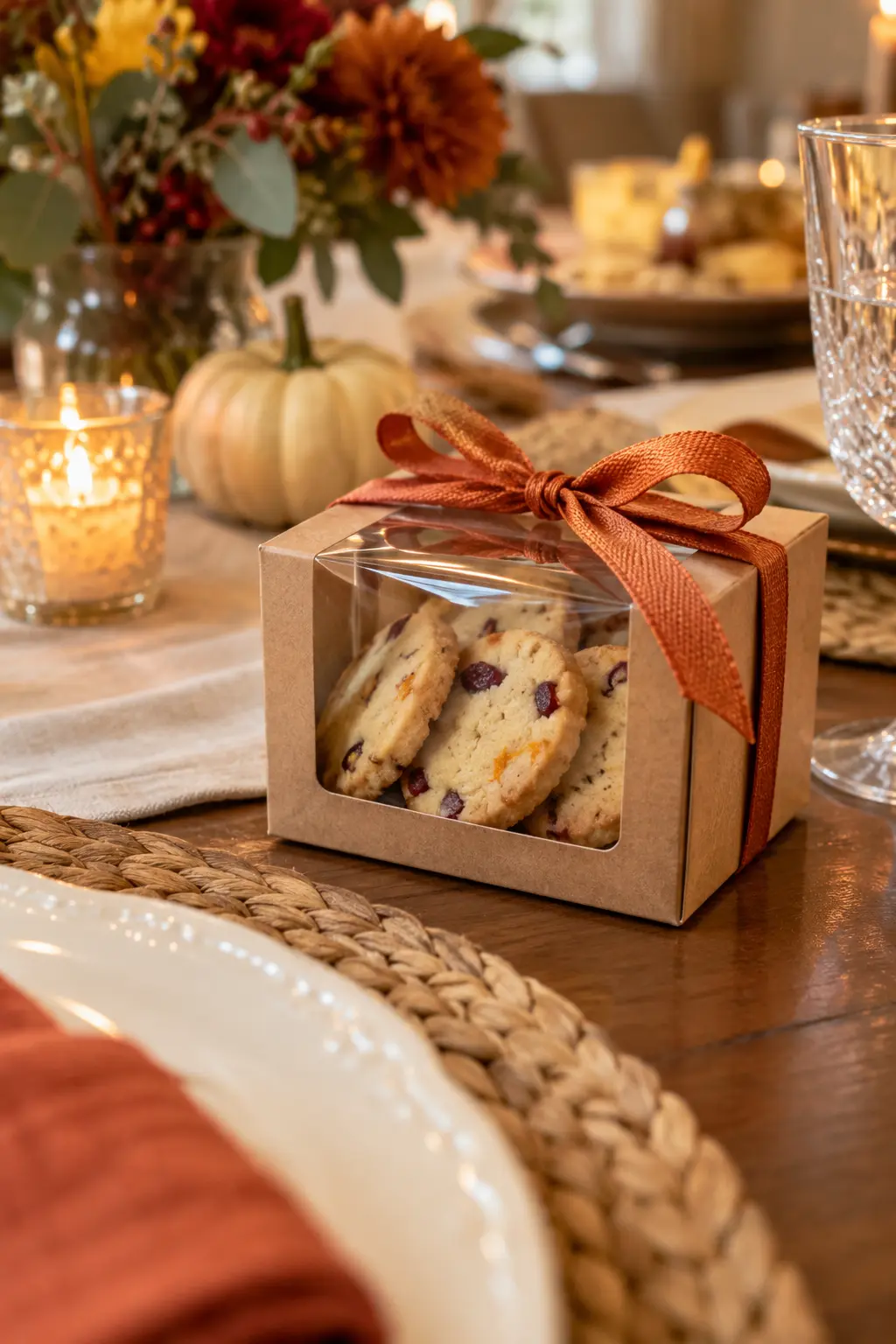 Small window boxes holding cranberry-orange shortbread cookies with simple fall ribbon