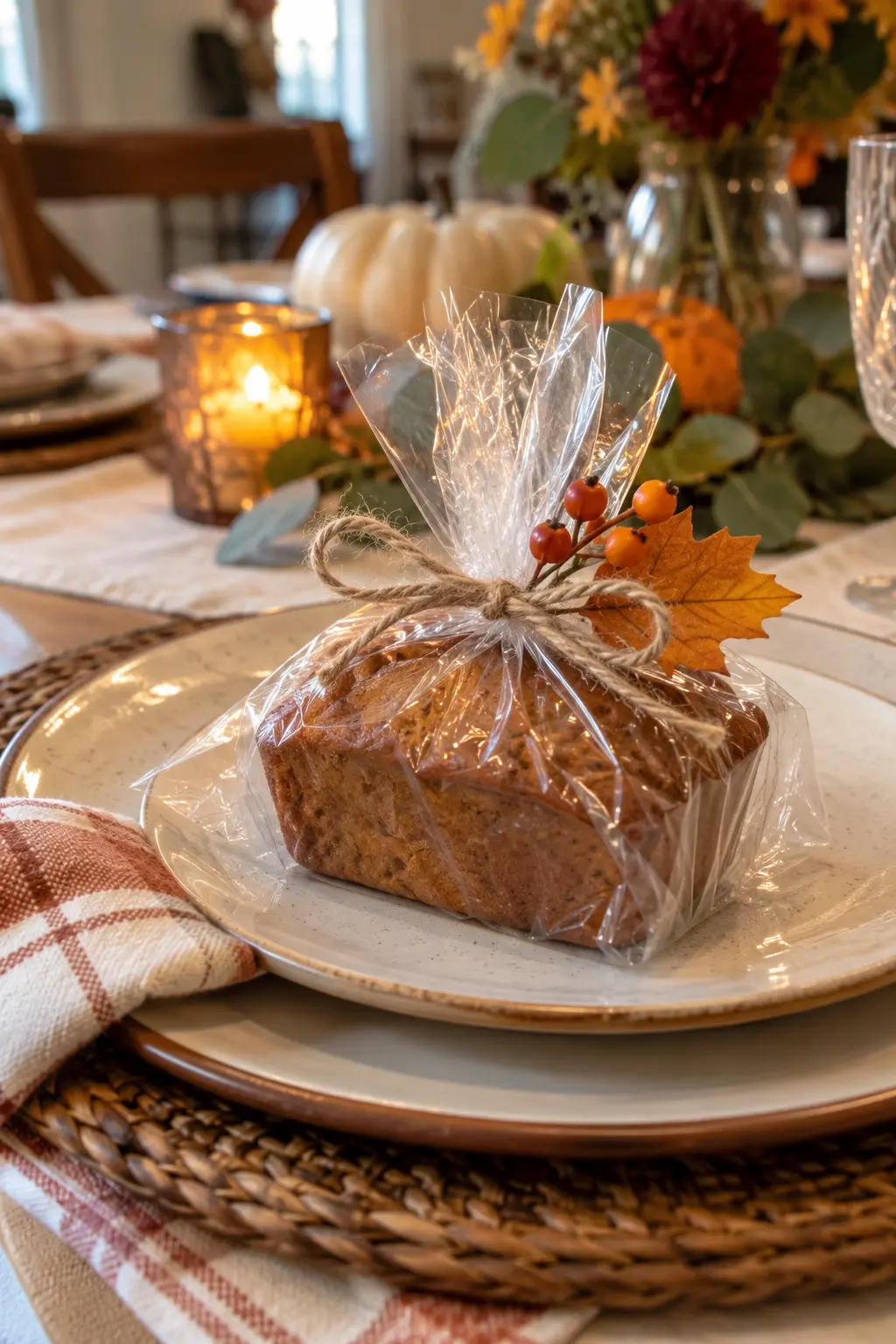 Tiny wrapped pumpkin bread loaves displayed as Thanksgiving guest favors