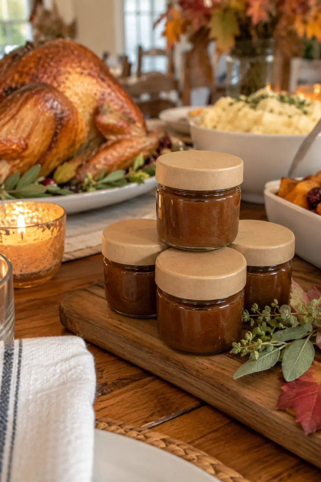 Tiny jars of apple butter with plain kraft lids arranged on a Thanksgiving buffet