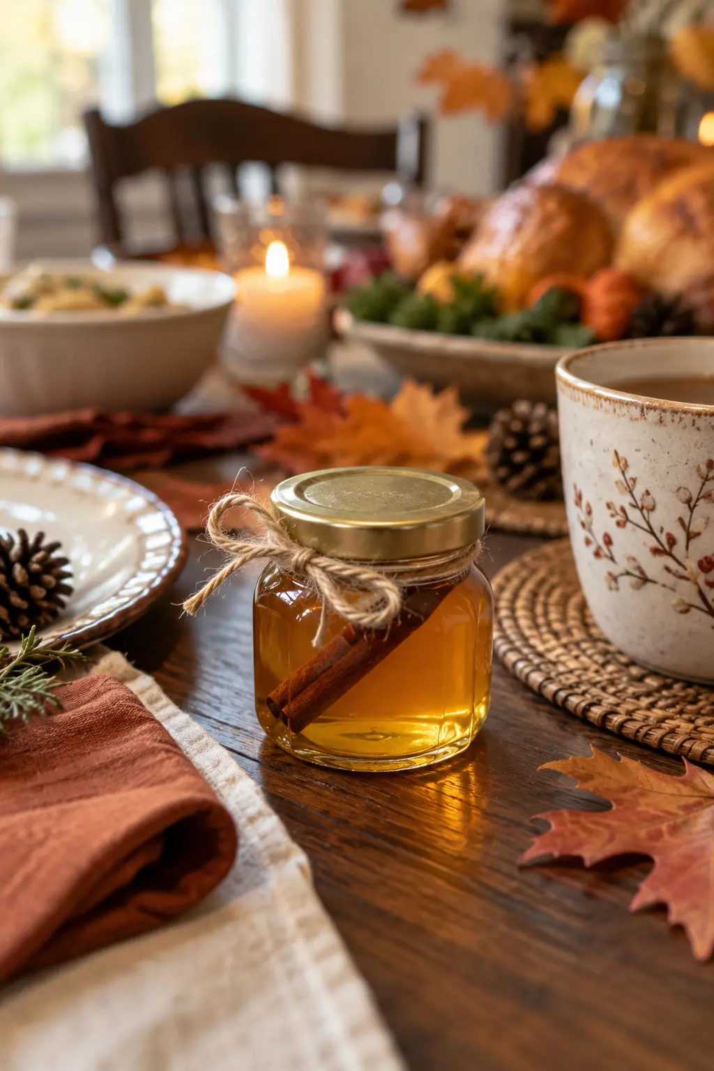 Mini glass jars of cinnamon-infused honey beside ceramic tea cups and autumn leaves