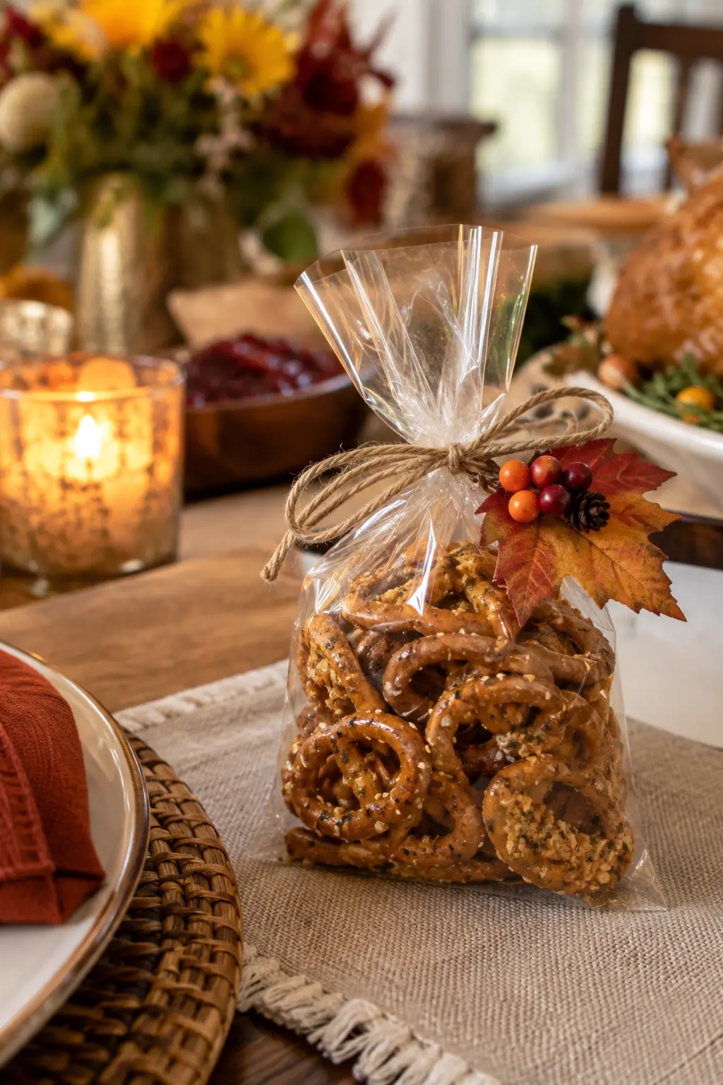 Clear favor bags filled with seasoned pretzels in a Thanksgiving snack display