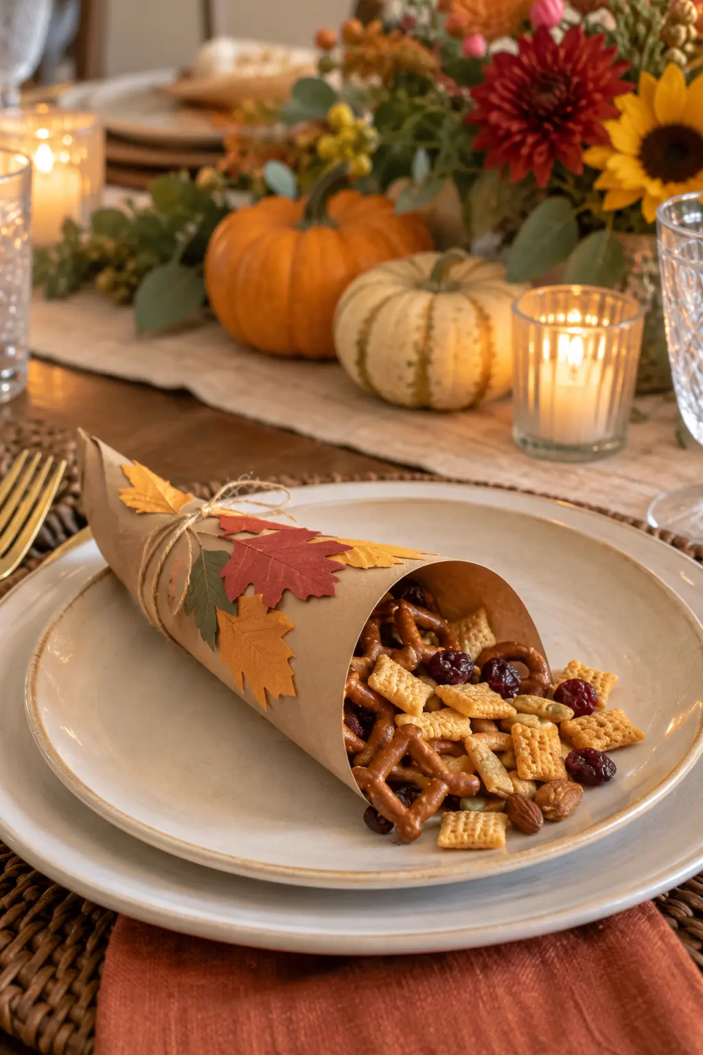 Hand-rolled paper cornucopias filled with colorful snack mix at Thanksgiving place settings