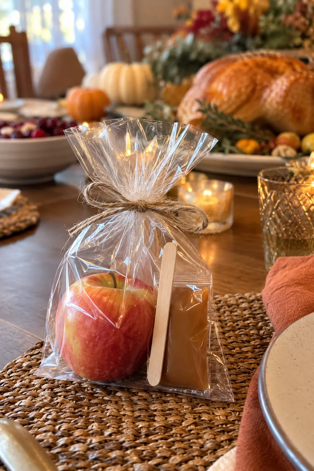 Small Thanksgiving favor kits with a fresh apple, caramel packet, and wooden stick